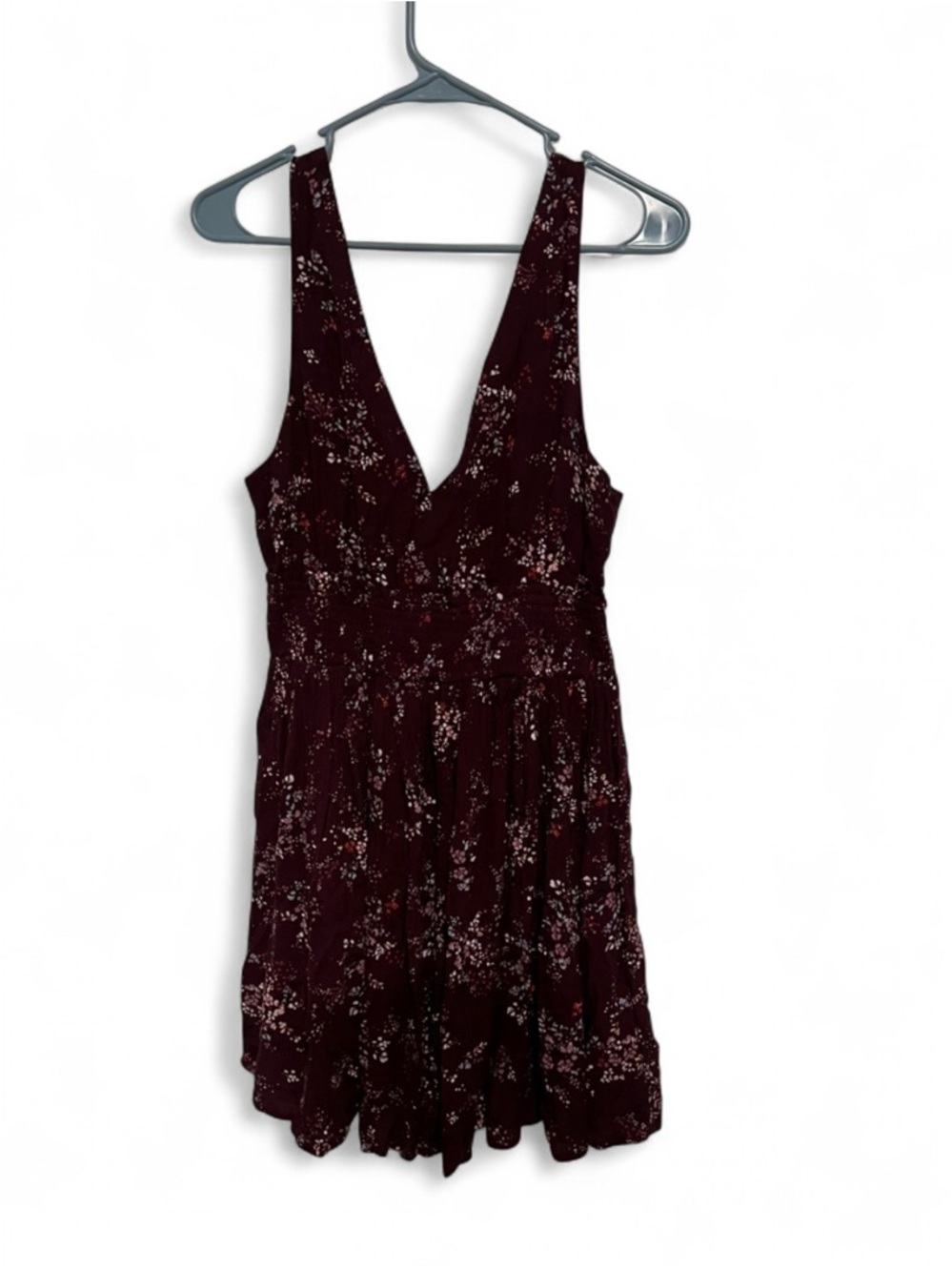 Deep Burgundy Floral V-Neck Women's Dress